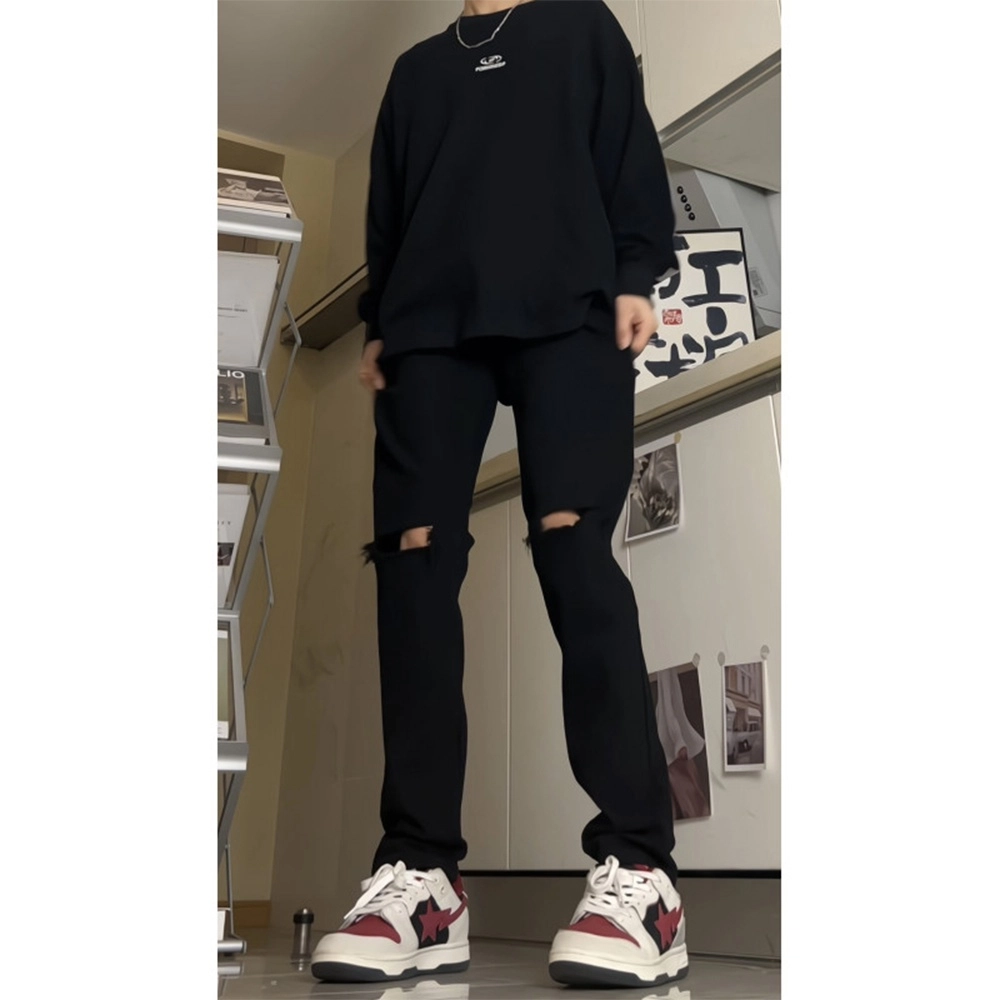 拓菲 夏季美式高街破洞直弹力宽休闲牛仔裤 男女同款