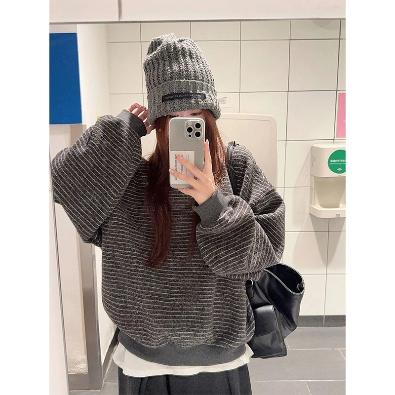 拓菲 圆领套头长袖慵懒风复古条纹秋季宽松显瘦休闲上衣卫衣 男女同款