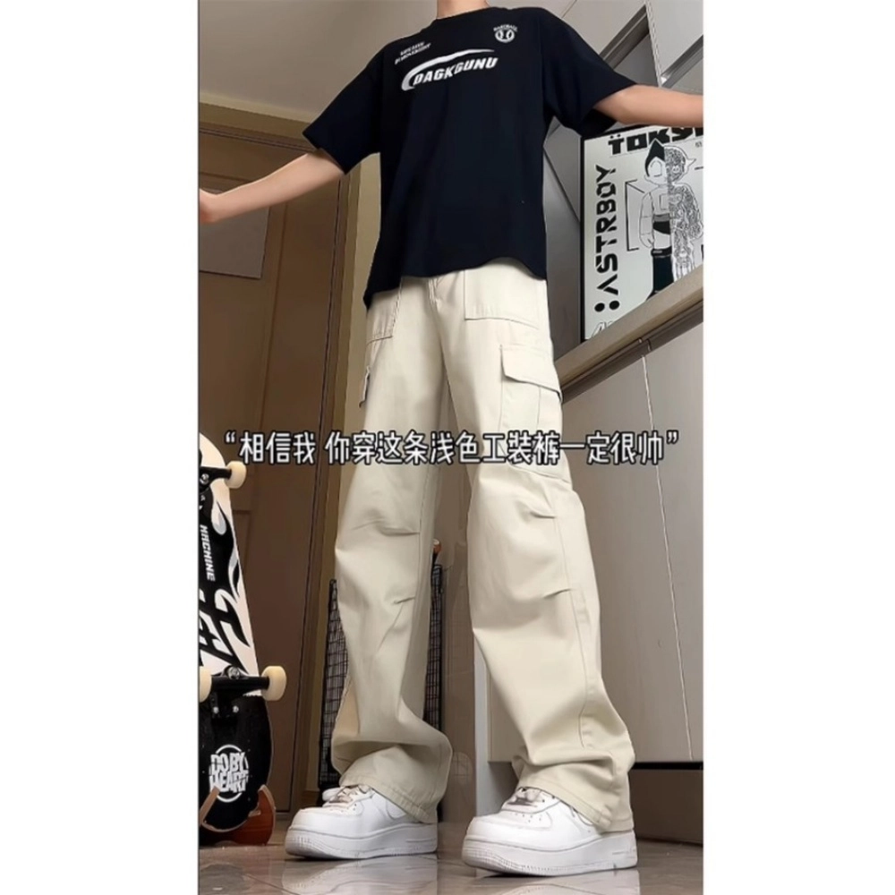 拓菲 美式复古多口袋潮牌宽松直筒褶皱阔腿工装裤 男女同款