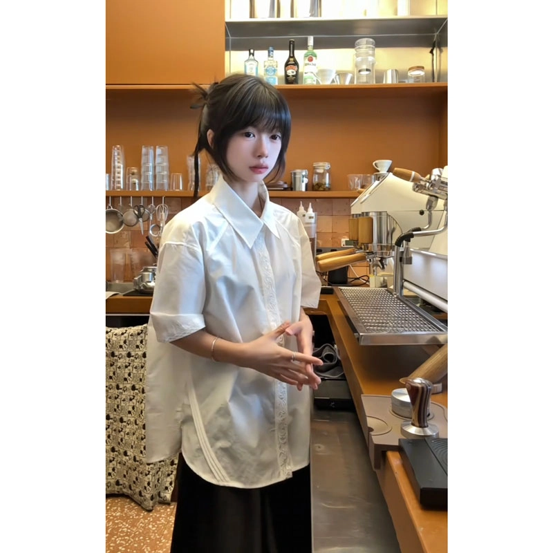 拓菲 永生花刺绣设计感小众纯色翻领休闲高级短袖衬衫 男女同款