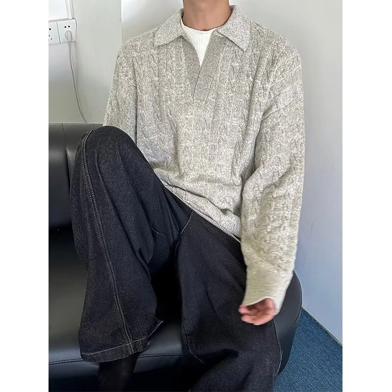 拓菲 韩版假两件撞色拼接翻领情侣款秋冬季宽松套头上衣针织衫 男女同款