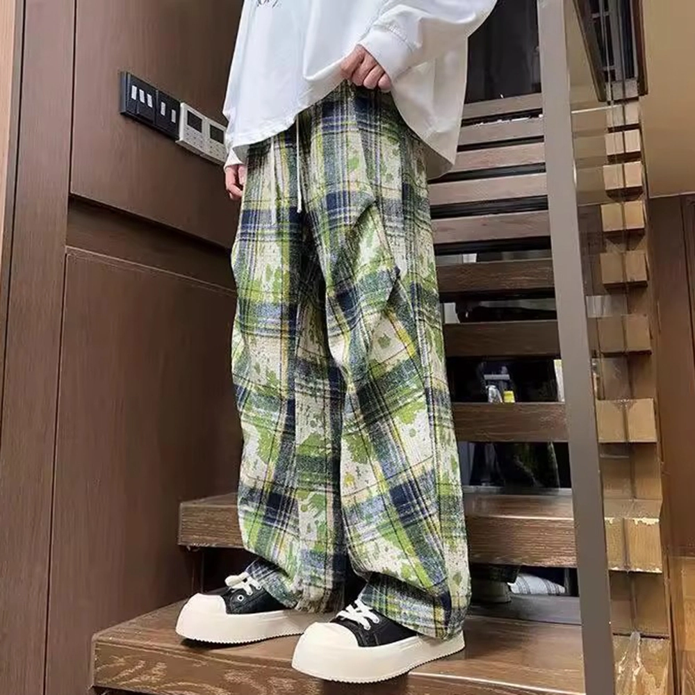 拓菲 美式扎染格子青少年酷帅褶皱设计感宽松直筒裤休闲裤 男女同款