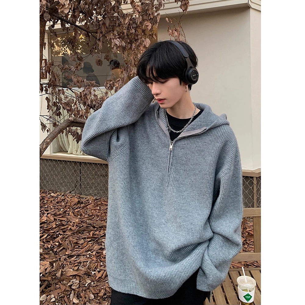 拓菲 美式韩版休闲重磅痞帅高街半拉链慵懒松弛感毛衣连帽卫衣外套针织衫 男女同款