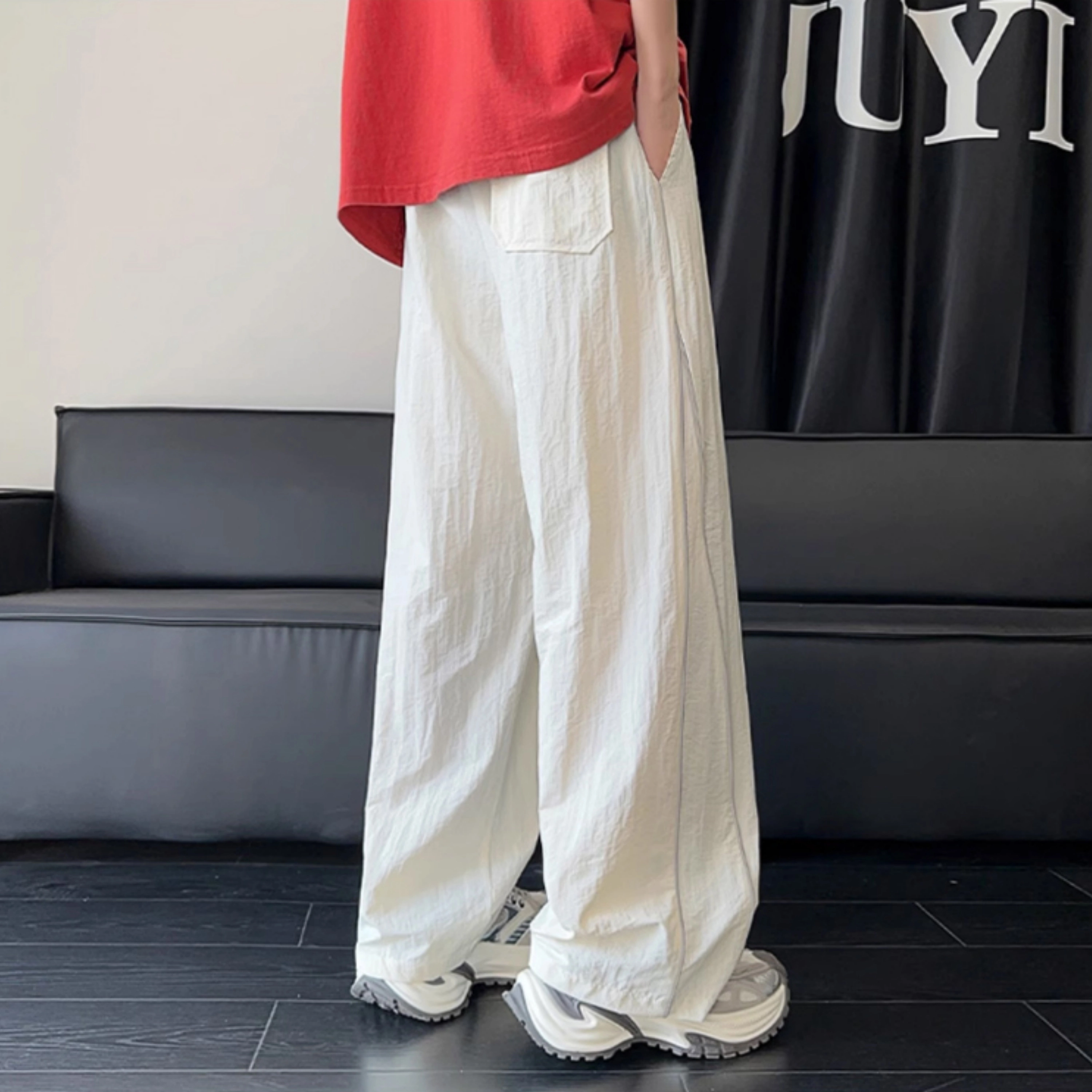 拓菲 轻薄凉感裤子夏季薄款美式宽松直筒条纹运动休闲裤 男女同款