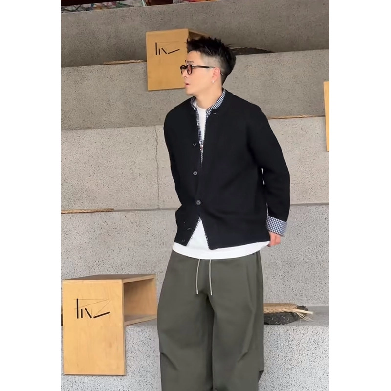 拓菲 假两件圆领开衫外套男士秋季穿搭潮牌高级感格子针织衫 男女同款