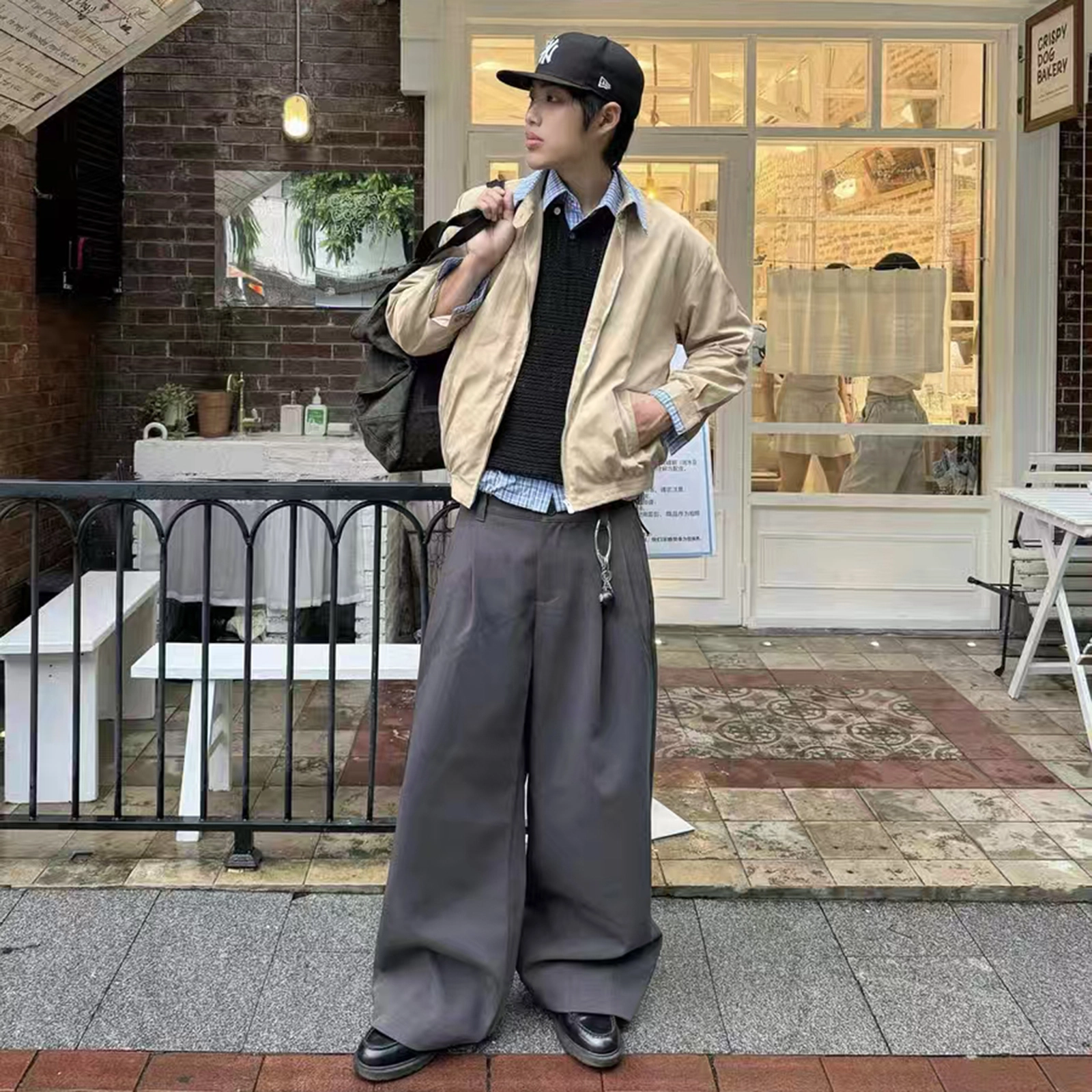 拓菲 哈灵顿老钱风假两件撞色拼接格子翻领外套美式复古短款夹克 男女同款