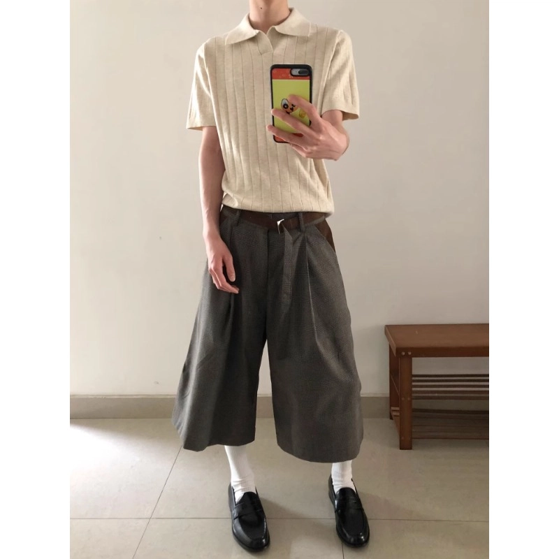 拓菲 麂皮打褶千鸟格拼接老钱风剑道七分短西裤休闲短裤 男女同款