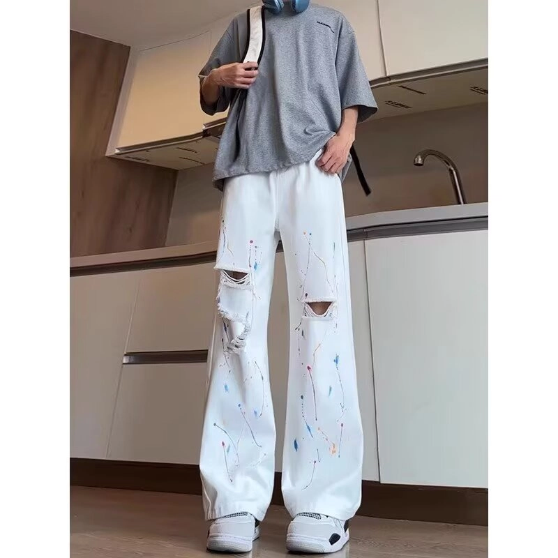拓菲 高街美式涂鸦泼墨宽松直筒潮牌痞帅夏季阔腿薄款牛仔裤 男女同款