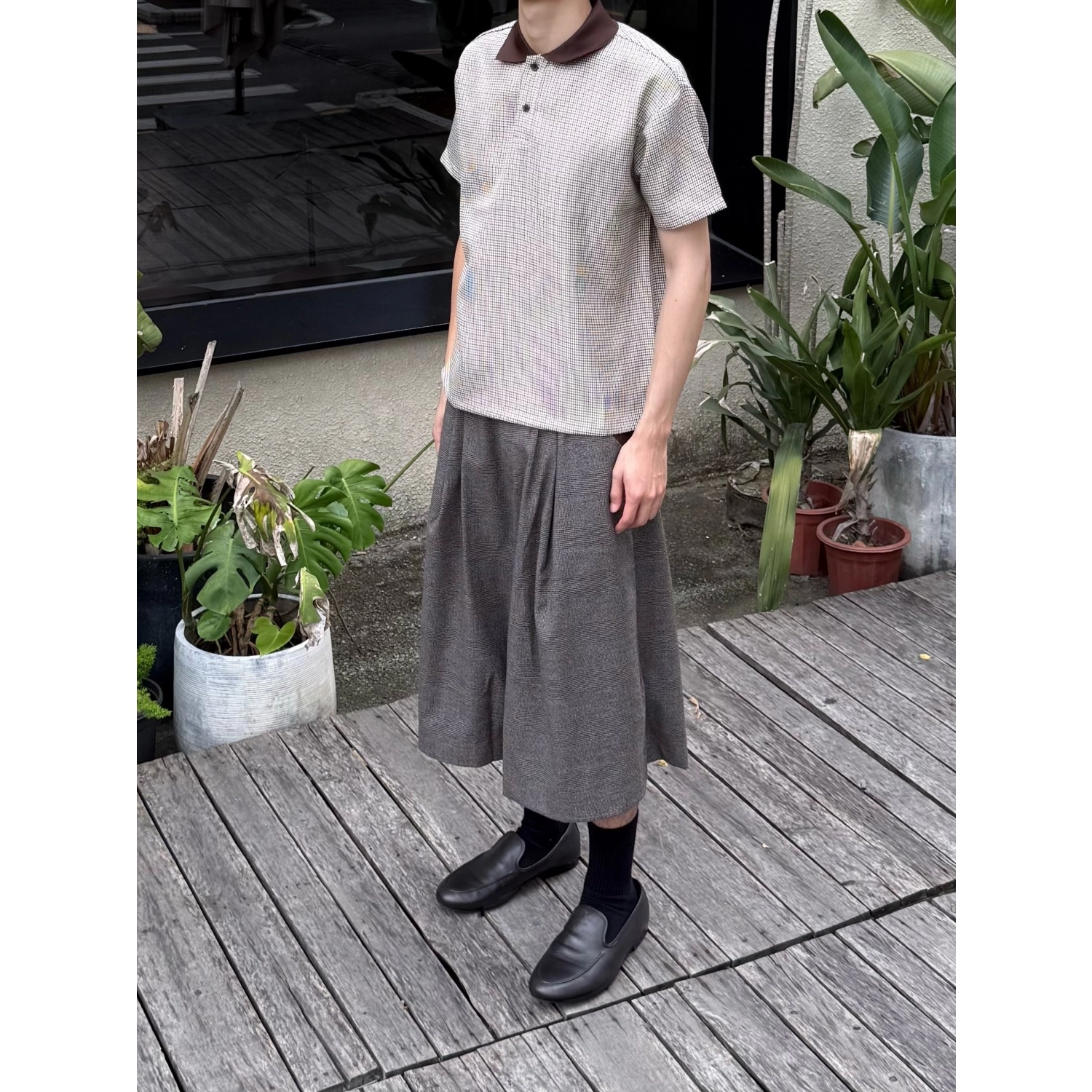 拓菲 美式千鸟格拼接老钱风阔腿西裤七分休闲短裤 男女同款