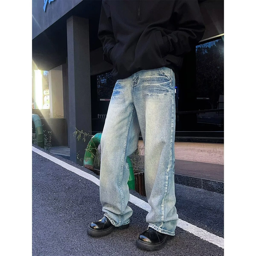 拓菲 牛仔裤时尚水洗闪电纹高街痞帅潮流百搭直筒弯刀裤子 男女同款
