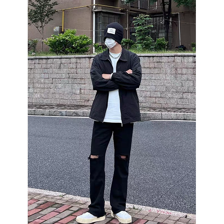 拓菲 美式高弹力显瘦裤子高街修身直筒微喇裤拉链膝盖破洞牛仔裤 男女同款