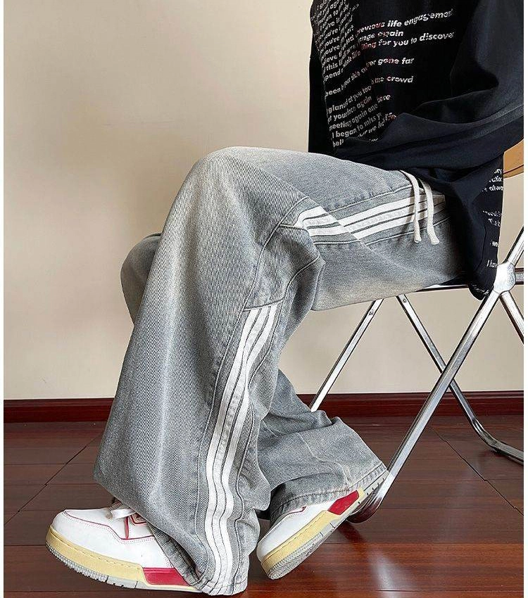 拓菲 条纹松紧腰春秋款直筒宽松阔腿裤子潮牌美式复古拖地长裤牛仔裤 男女同款