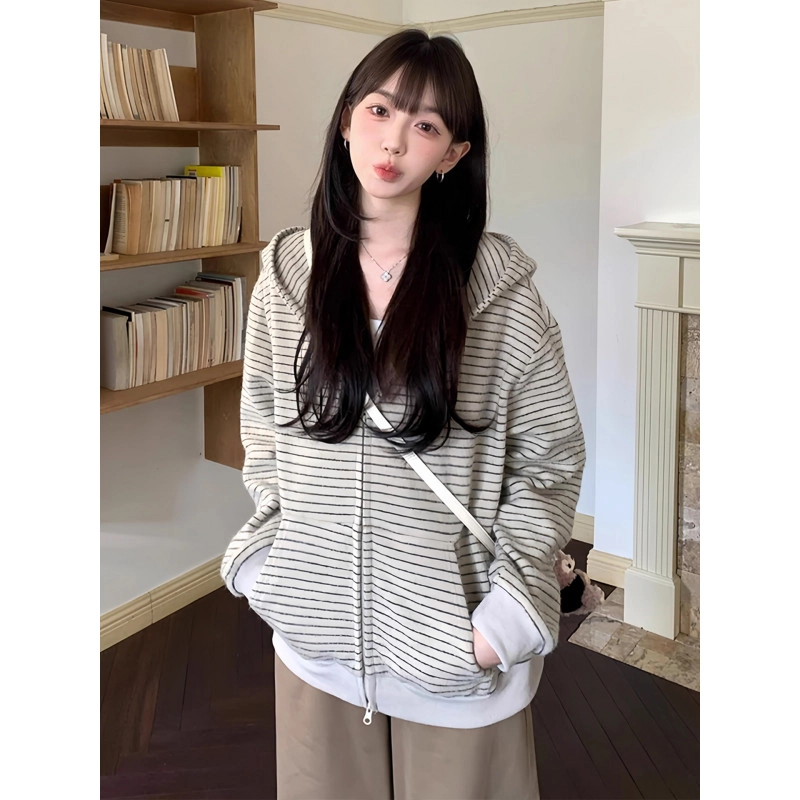 拓菲 美式条纹连帽外套女秋季拉链开衫宽松休闲上衣潮卫衣 男女同款