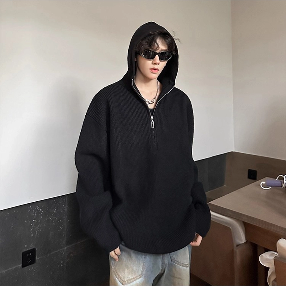 拓菲 慵懒松弛感痞帅高街半拉链毛衣连帽重磅美式卫衣外套针织衫 男女同款