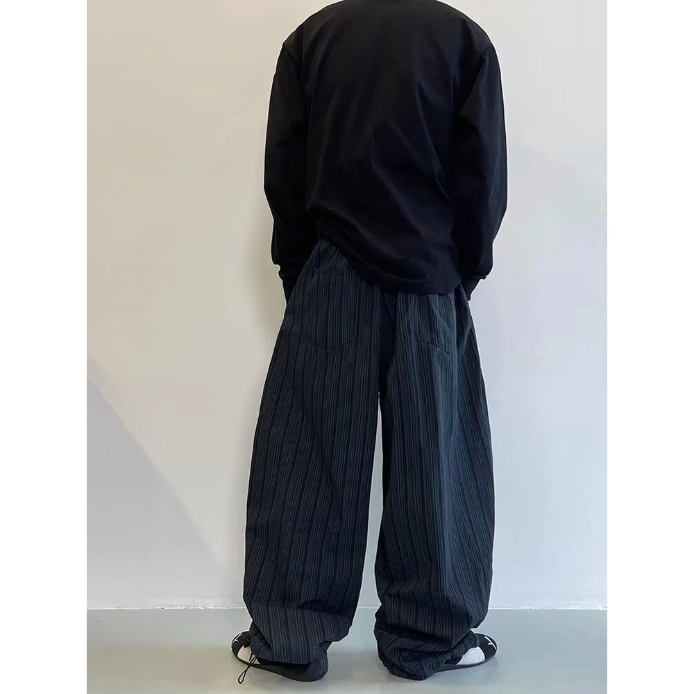 拓菲 复古竖条纹棉弯刀阔腿裤束脚拖地休闲裤 男女同款