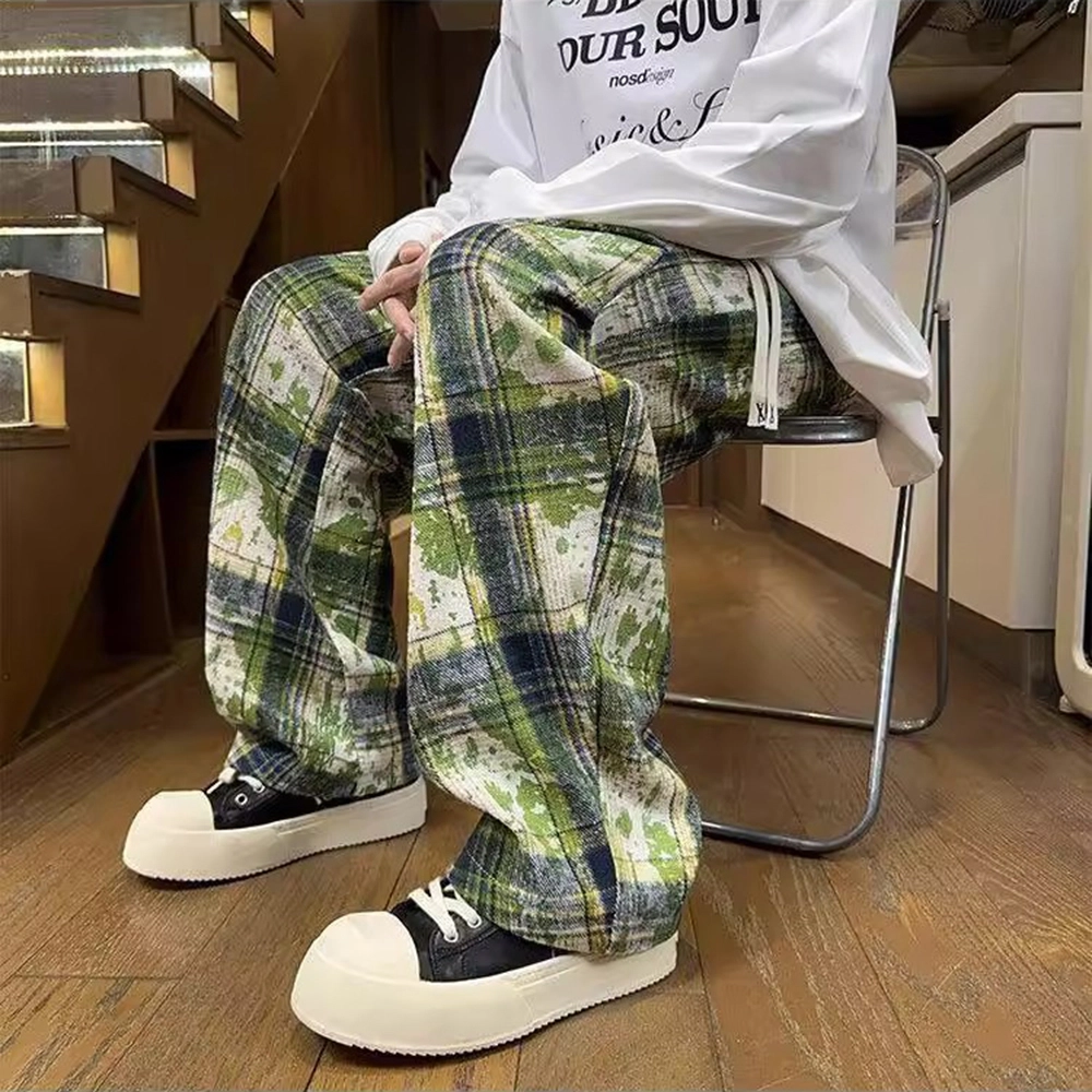 拓菲 美式扎染格子青少年酷帅褶皱设计感宽松直筒裤休闲裤 男女同款