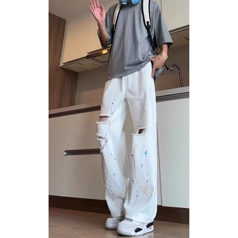 拓菲 高街美式涂鸦泼墨宽松直筒潮牌痞帅夏季阔腿薄款牛仔裤 男女同款