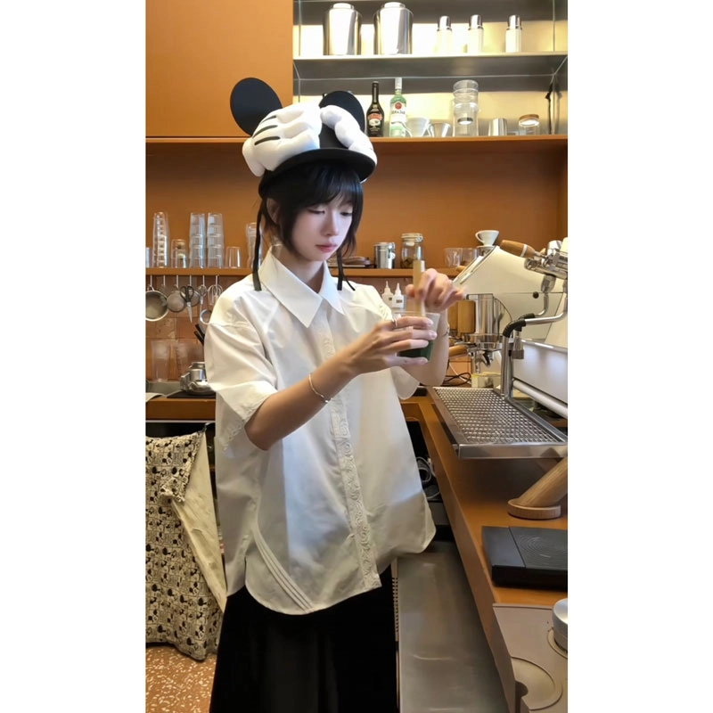 拓菲 永生花刺绣设计感小众纯色翻领休闲高级短袖衬衫 男女同款