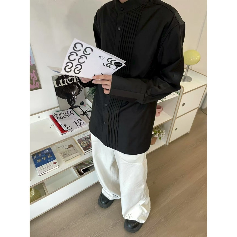 拓菲 国风新中式垫肩衬衣男春秋季褶皱设计感长袖解构唐装外套衬衫 男女同款