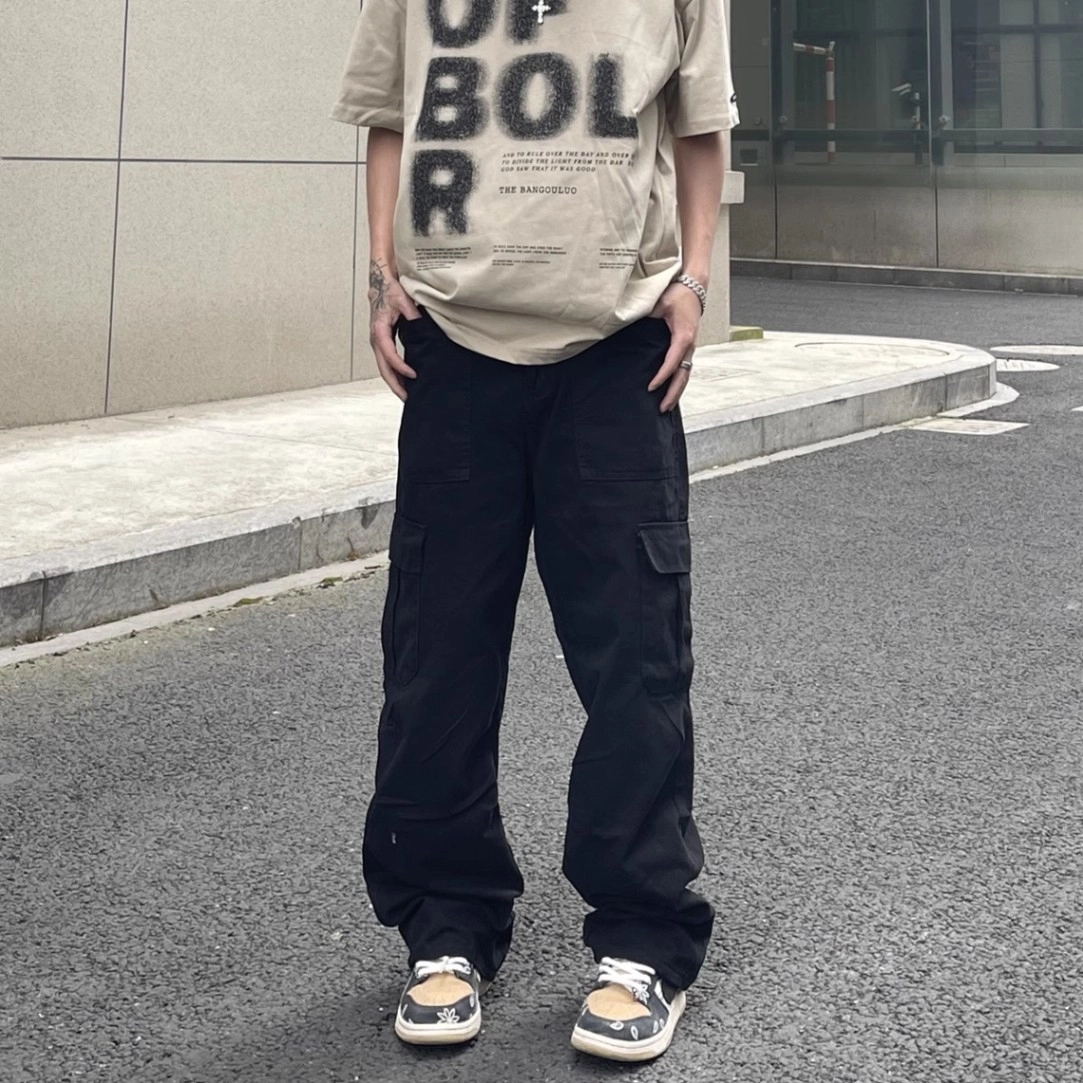 拓菲 痞帅复古多口袋工装裤夏季宽松直筒褶皱阔腿休闲长裤 男女同款