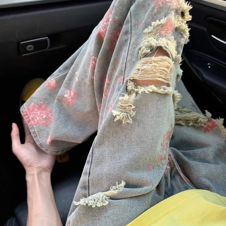 拓菲 玫瑰花破洞牛仔裤夏季美式高级感裤子潮牌痞帅炸街微喇直筒长裤 男女同款