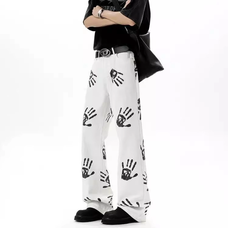 拓菲 美式高街潮牌手掌印花微喇直筒牛仔裤 男女同款