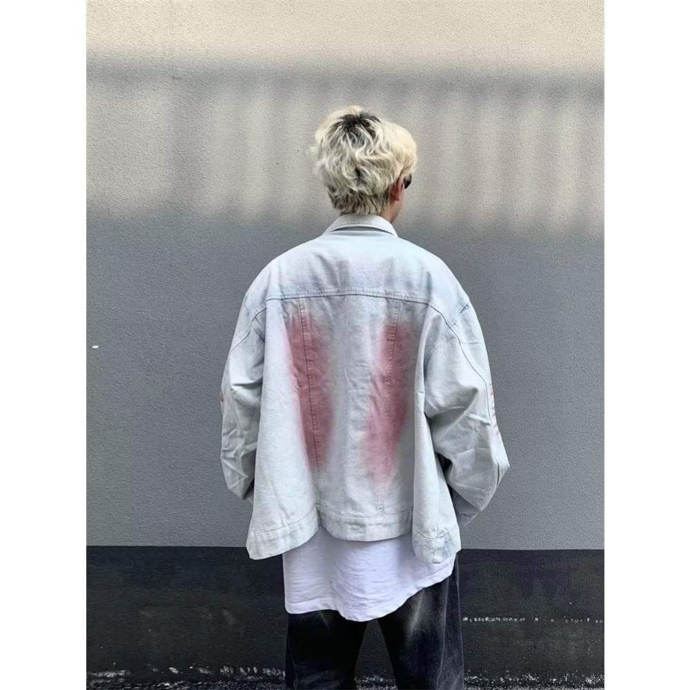 拓菲 美式复古潮牌洗水直喷马骝白色牛仔衣宽松外套夹克 男女同款