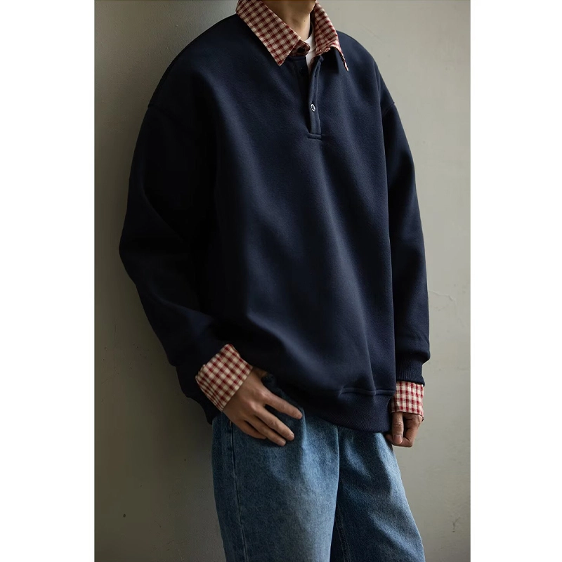 拓菲 格子拼接假两件男设计感衬衫领外套秋季潮流宽松情侣上衣卫衣 男女同款