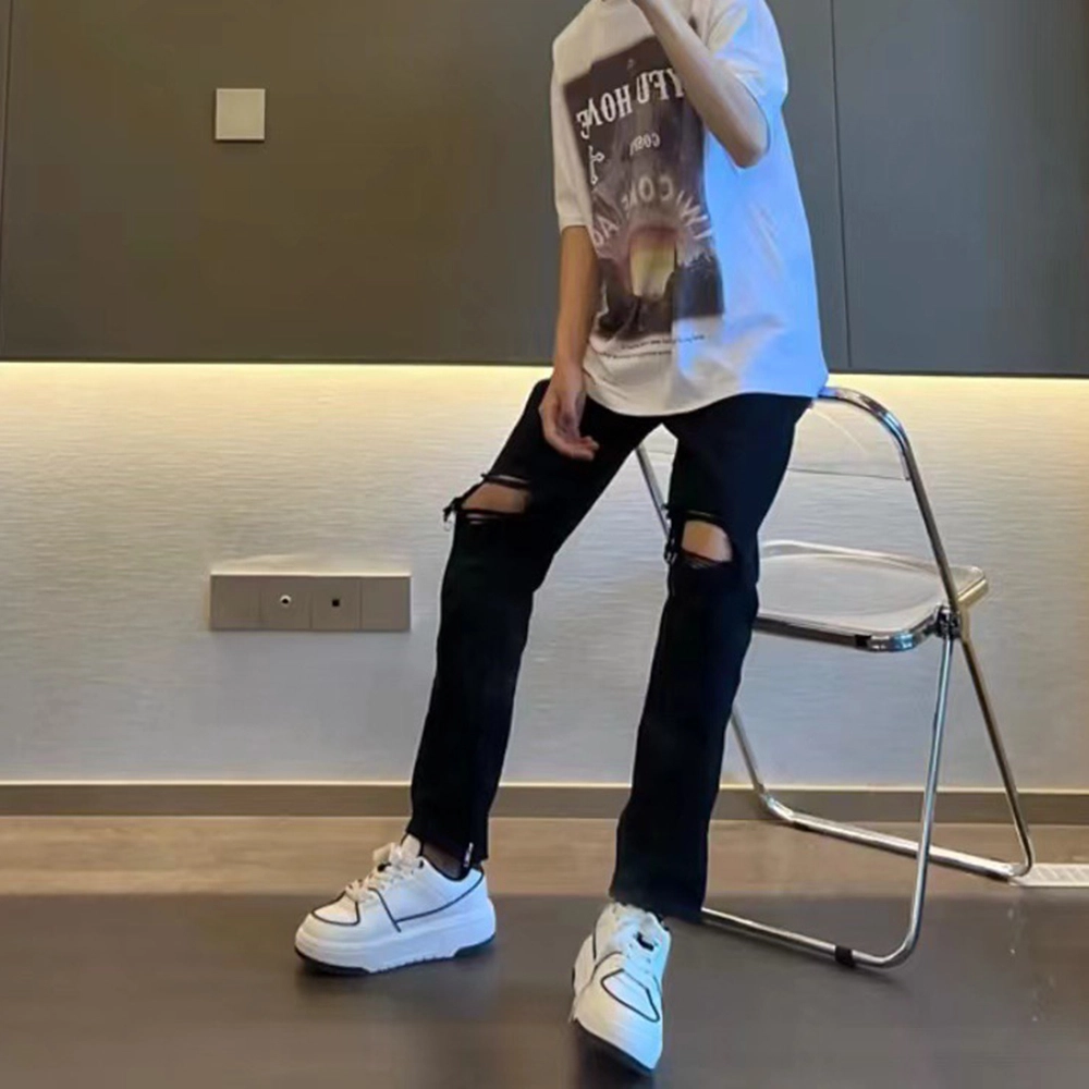 拓菲 美式高弹力显瘦裤子高街修身直筒微喇裤拉链膝盖破洞牛仔裤 男女同款