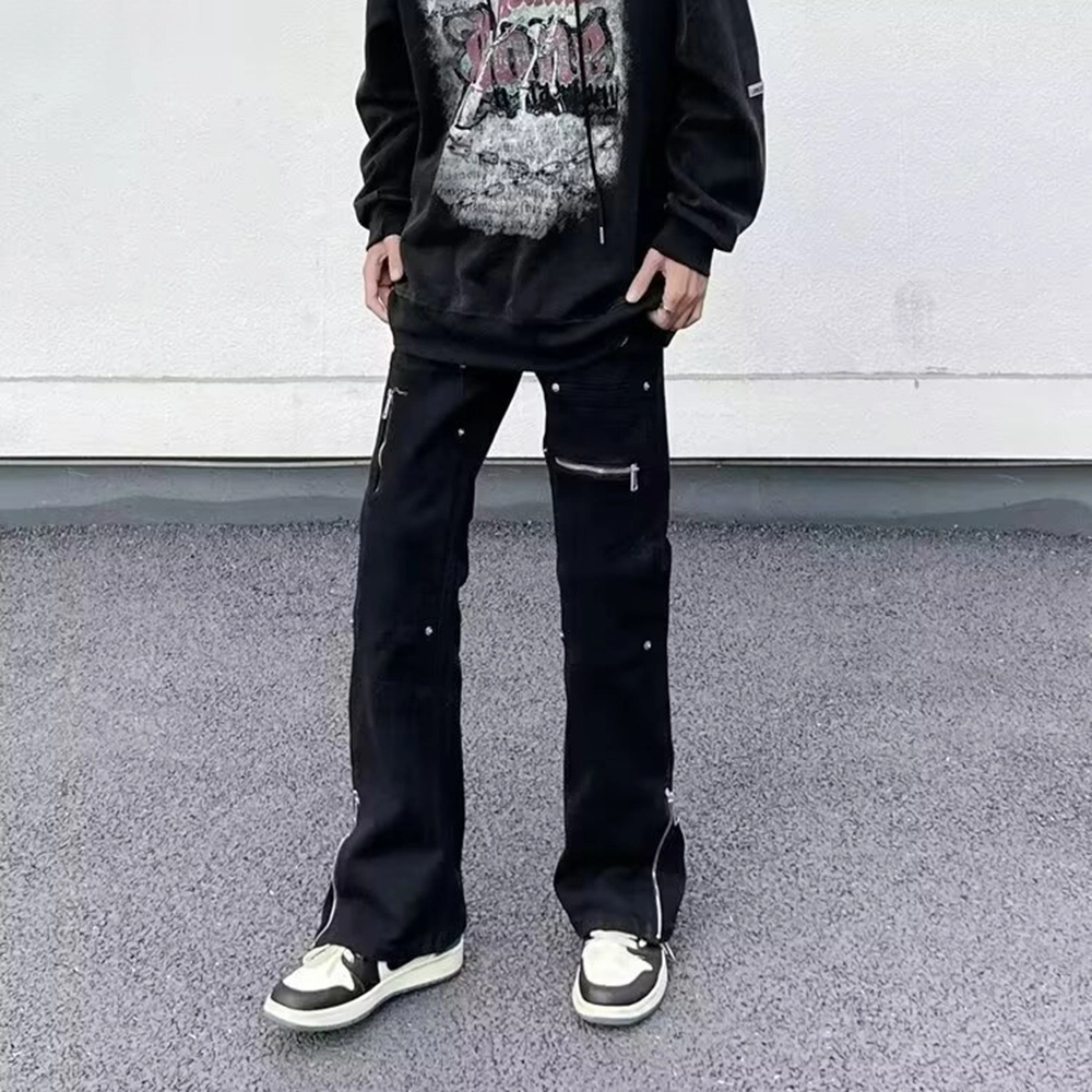 拓菲 国潮弹力休闲直筒微喇裤脚口可调节拉链拼接牛仔裤街头裤子 男女同款