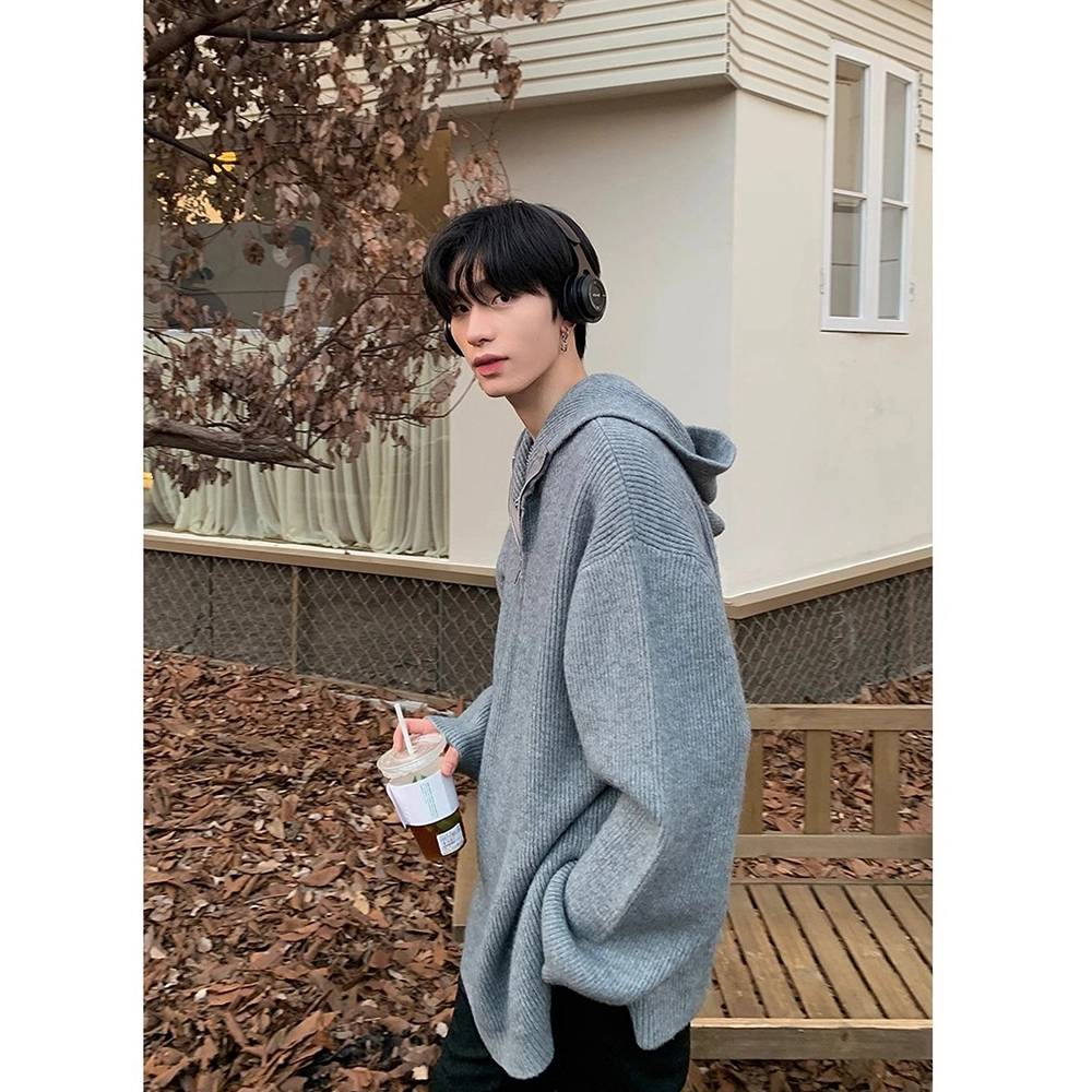 拓菲 美式韩版休闲重磅痞帅高街半拉链慵懒松弛感毛衣连帽卫衣外套针织衫 男女同款