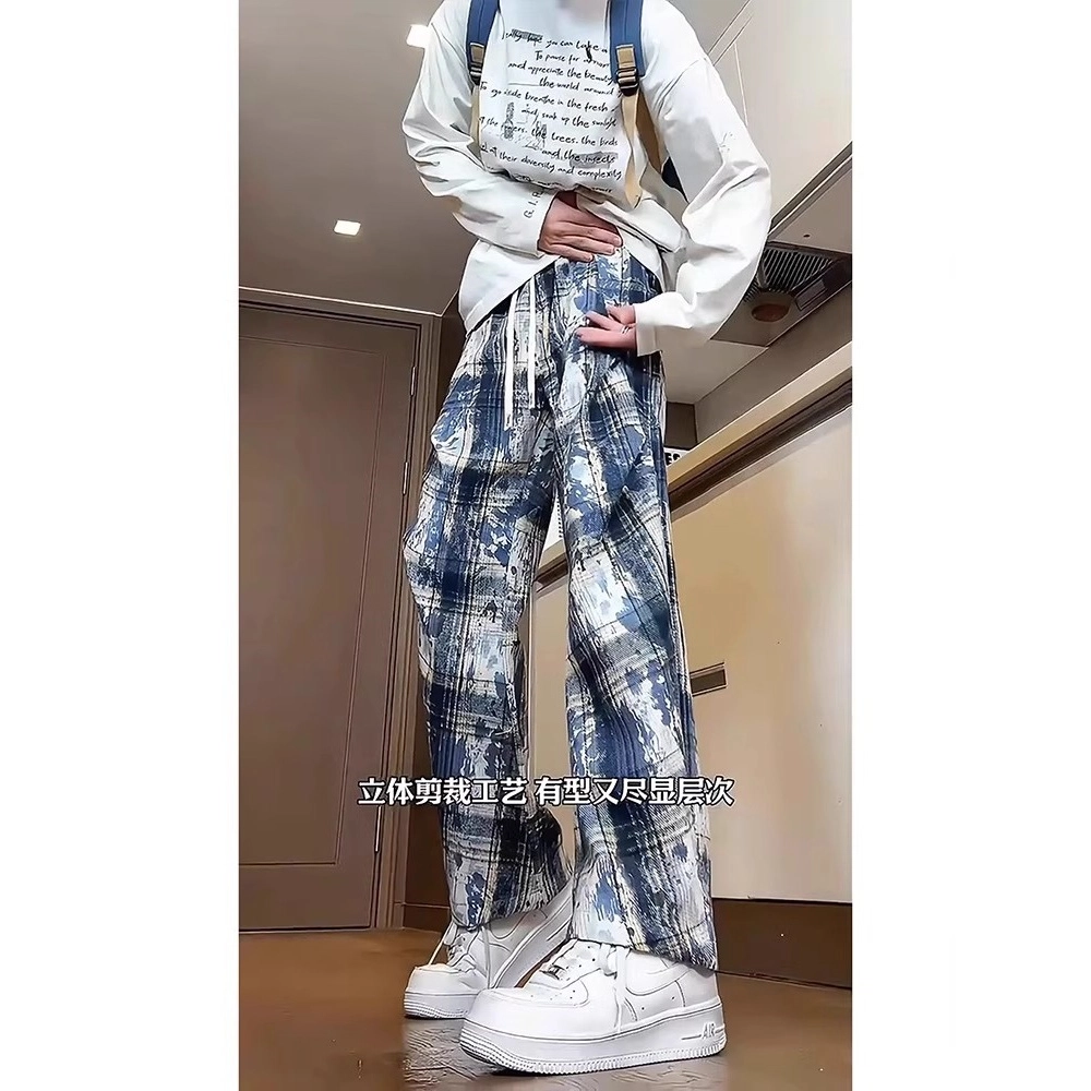 拓菲 美式扎染格子青少年酷帅褶皱设计感宽松直筒裤休闲裤 男女同款
