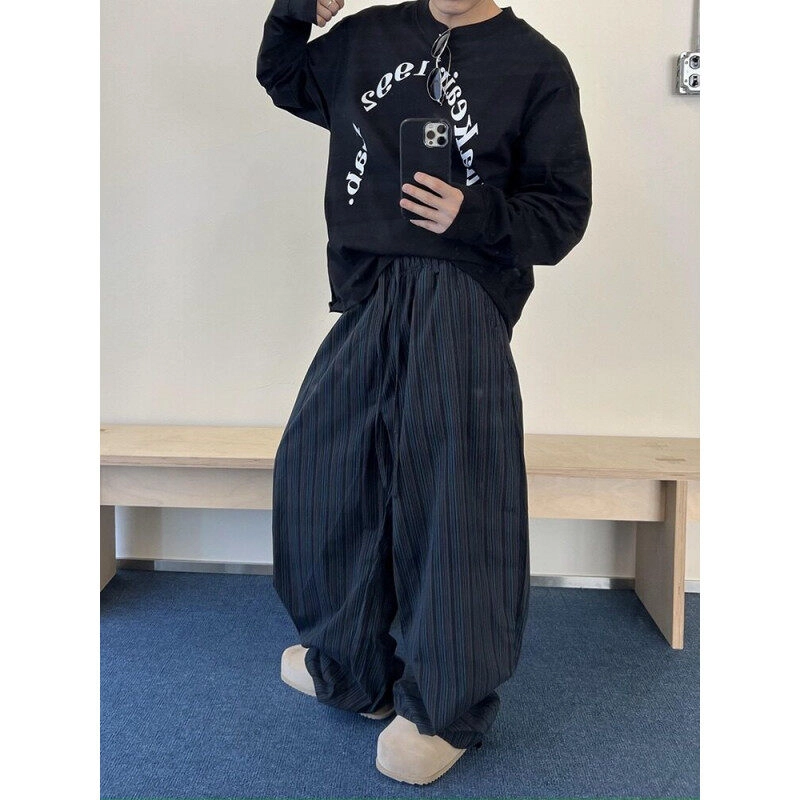 拓菲 慵懒风竖条纹阔腿弯刀裤男夏季薄款束脚裤子美式复古宽松拖地休闲裤 男女同款