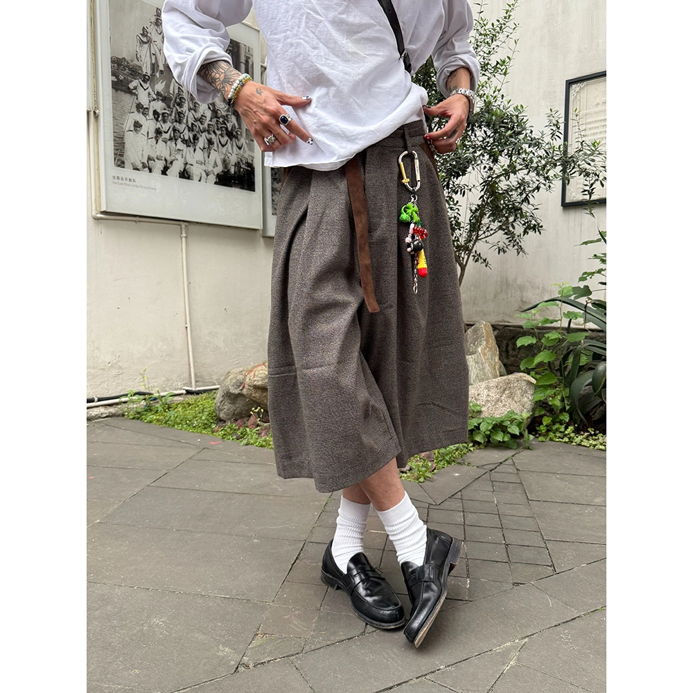 拓菲 美式千鸟格拼接老钱风阔腿西裤七分休闲短裤 男女同款