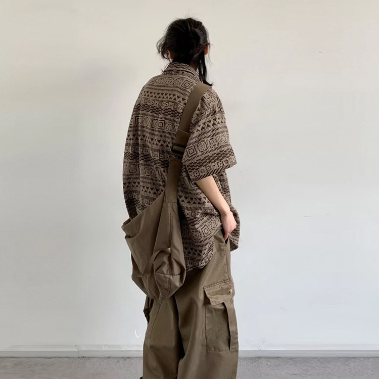 寻星记 美式复古波西米亚风工装口袋慵懒感文艺减龄中性短袖衬衫 男女同款