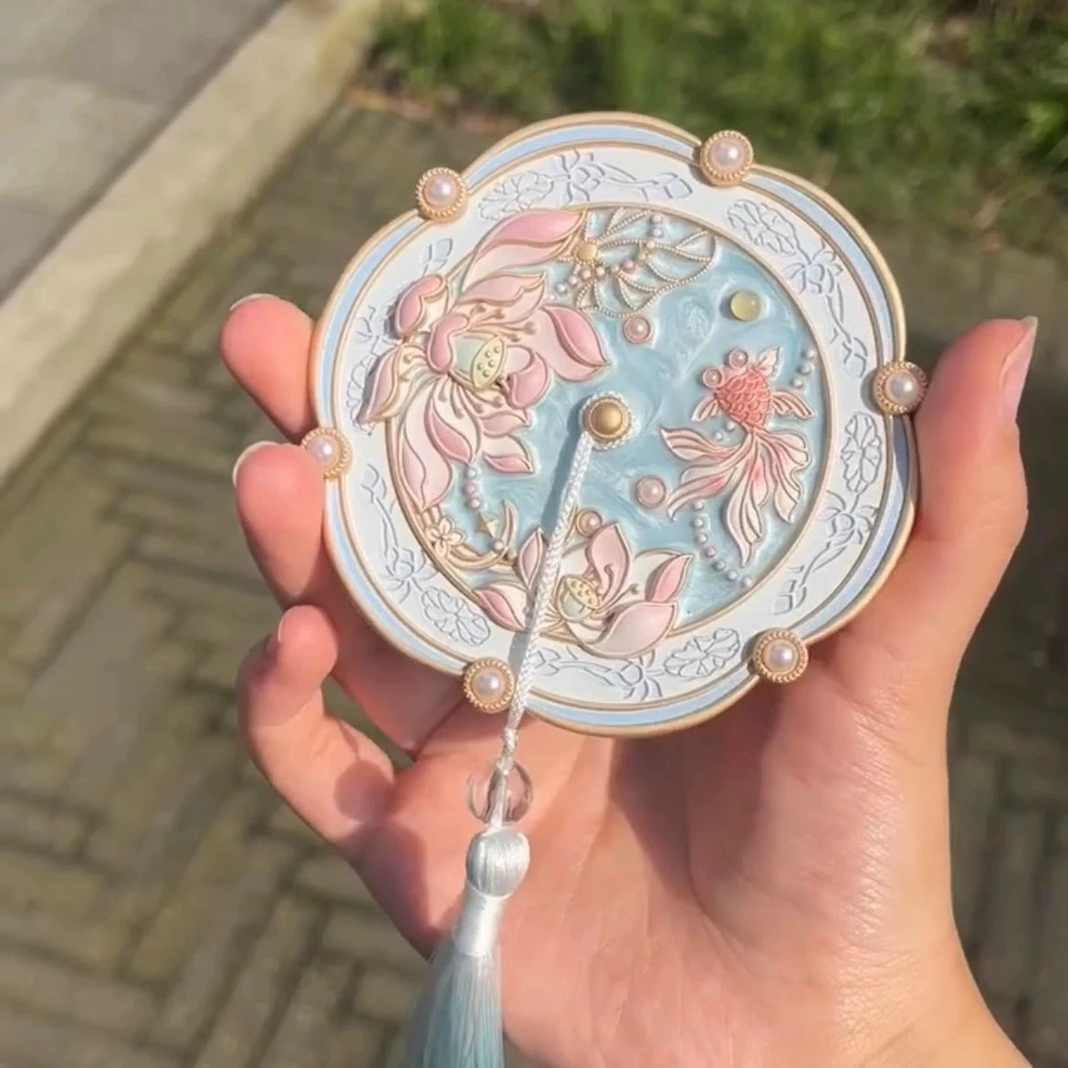 未来枫情 故宫出水芙蓉镜随身镜手柄化妆镜子 文创 精致  复古工艺