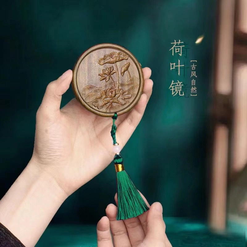 未来枫情 木质古风雕刻工艺风沉香木小镜子 随身化妆镜便携小圆镜