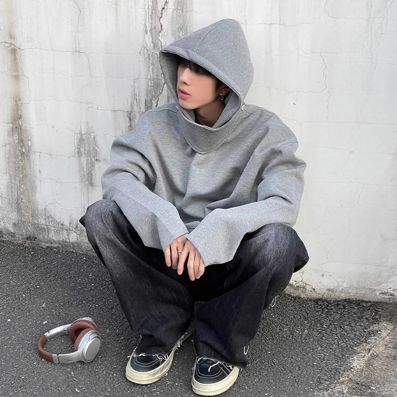 棉基因 重磅美式街头宽松休闲百搭高街复古时尚简约高领连帽纯色落肩卫衣 男女同款