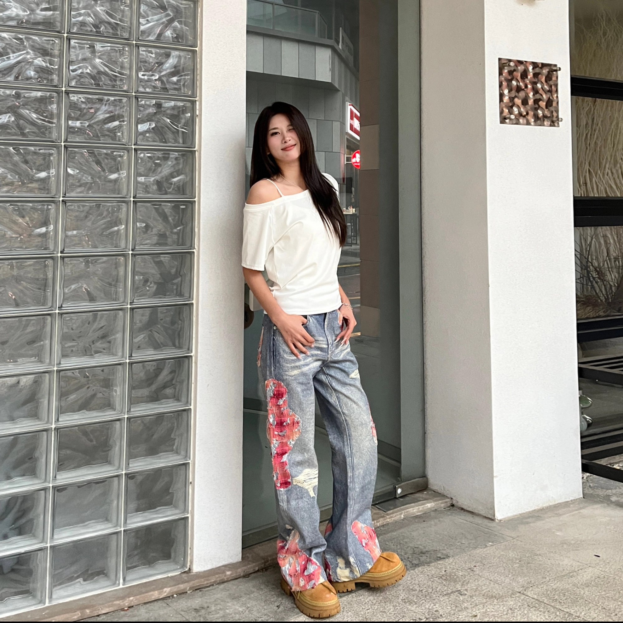 棉基因 美式高街贴布拼接高腰宽松微喇舒适牛仔裤 男女同款 蓝色