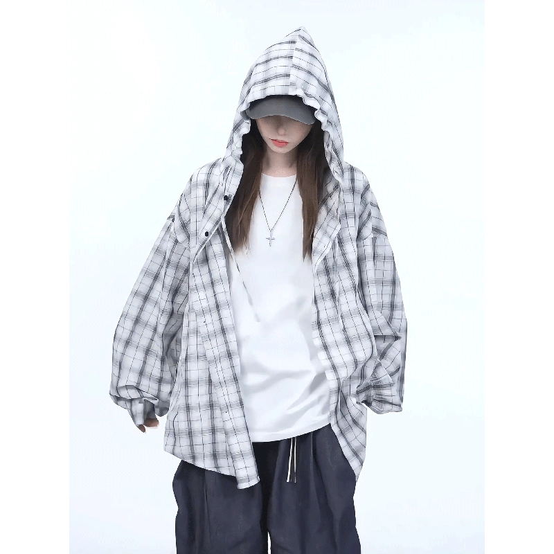 棉基因 空调服轻薄外套美式复古格子防晒服速干连帽潮流搭配上衣夏季长袖衬衫 男女同款