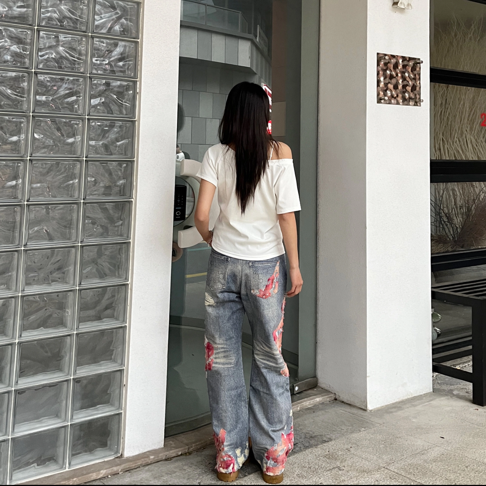 棉基因 美式高街贴布拼接高腰宽松微喇舒适牛仔裤 男女同款 蓝色