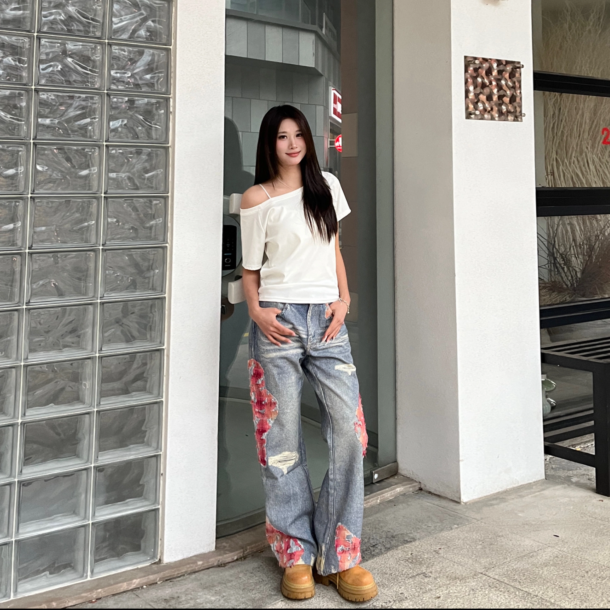 棉基因 美式高街贴布拼接高腰宽松微喇舒适牛仔裤 男女同款 蓝色
