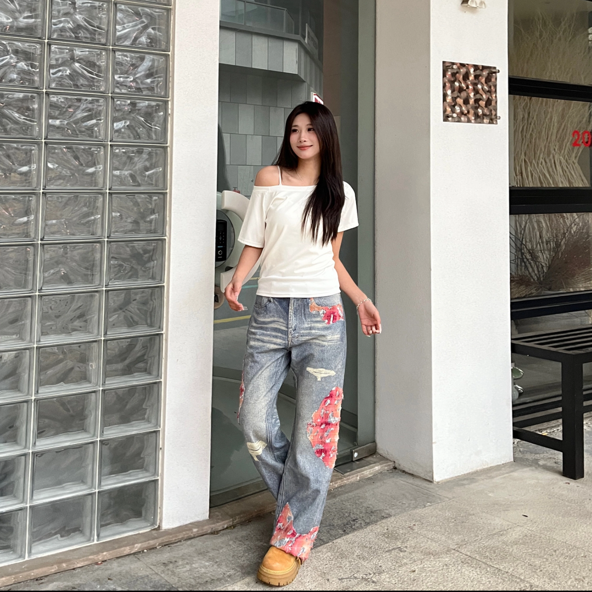 棉基因 美式高街贴布拼接高腰宽松微喇舒适牛仔裤 男女同款 蓝色