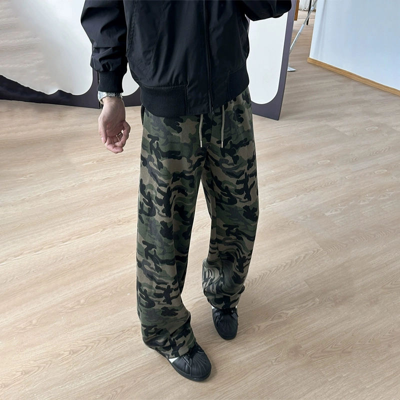 臣目 美式复古弯刀迷彩裤秋季垂感直筒裤子高街潮牌水洗重磅微喇卫裤休闲裤 男女同款
