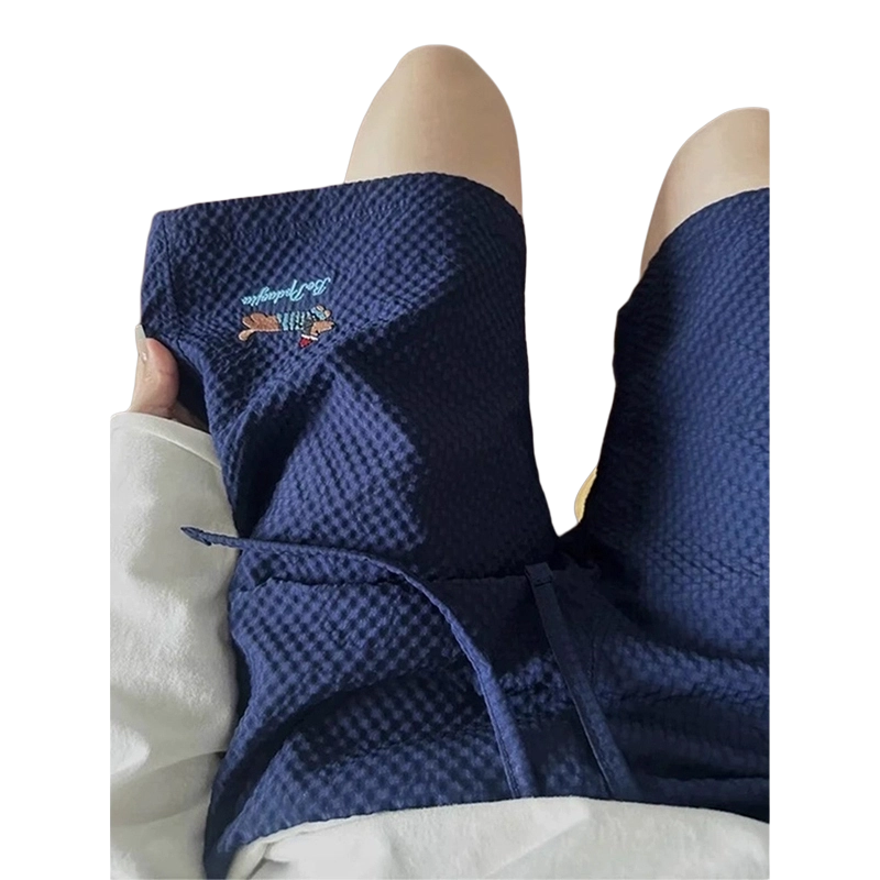 臣目 藏青色泡泡纱腊肠狗短裤男款夏季刺绣冰丝速干美式五分裤裤子 男女同款