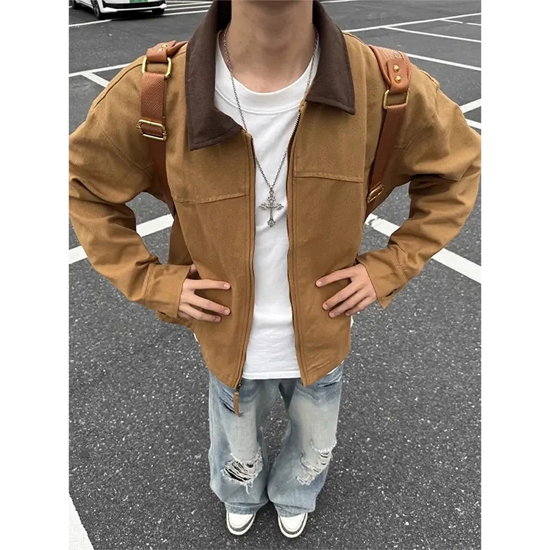 臣目 秋季巴恩风外套美式水洗帆布翻领棒球服底特律工装夹克 男女同款