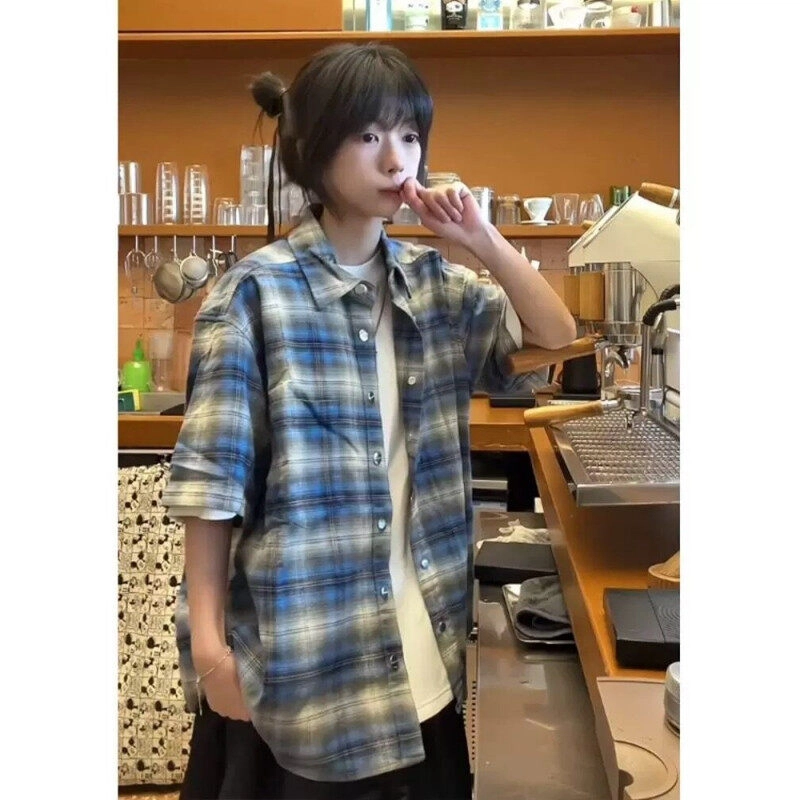 臣目 法兰绒蓝色格子衬衫美式复古翻领短袖衬衫 男款 蓝色