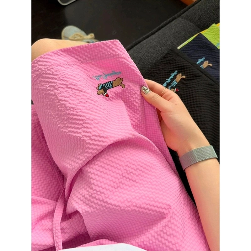 臣目 藏青色泡泡纱腊肠狗短裤男款夏季刺绣冰丝速干美式五分裤裤子 男女同款