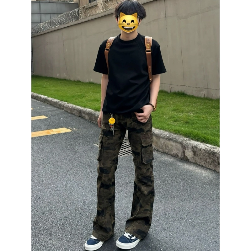 臣目 美式高街迷彩牛仔裤男款夏季薄款工装裤子修身窄版休闲微喇裤长裤 男女同款