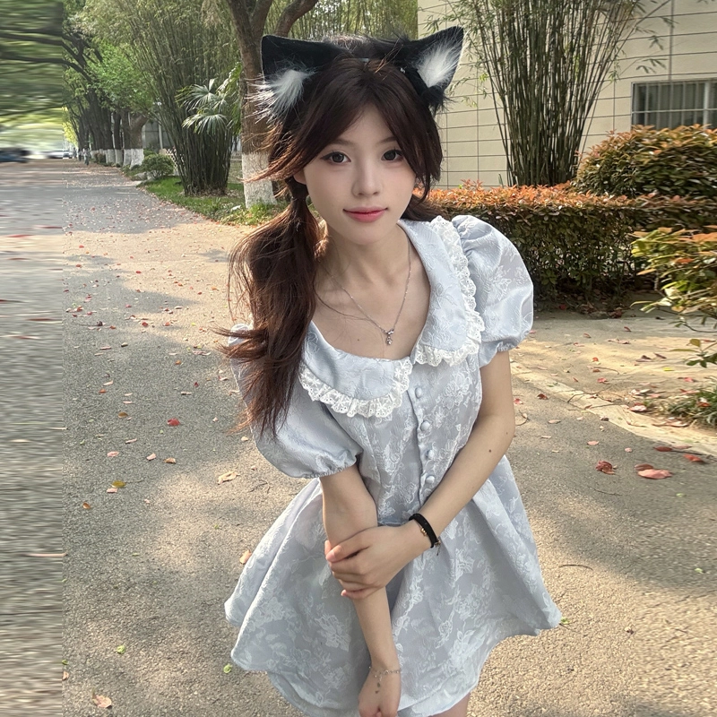 珠蒂美 蓬蓬裙法式茶歇娃娃领复古仙女裙公主短裙短袖连衣裙 女款 蓝色